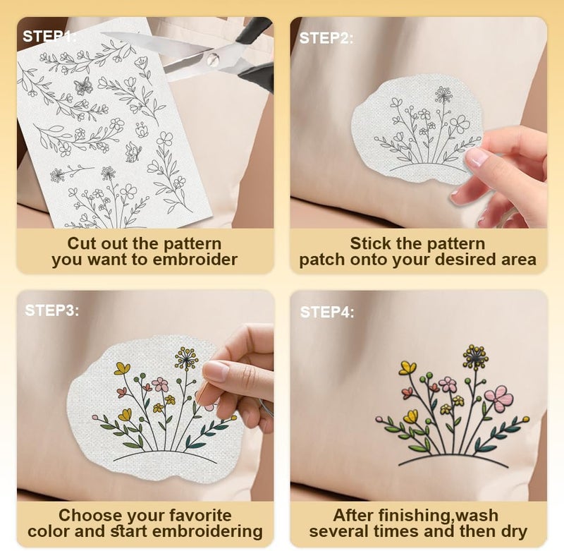 DOODLREAM 29Pcs Flower Vine Embroidery Pattern Stabilizer, 8.3"x11.7" Wildflowers Water Soluble Stick and Stitch Embroidery Sticker, 4 Sheets Floral Border Hand Sewing DIY Embroidery Paper - Image 4